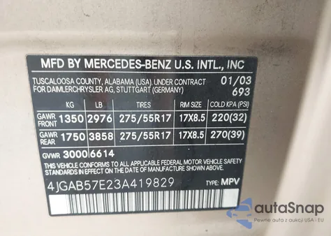 2003 Mercedes-Benz Ml 350 z USA, uszkodzony, nr VIN 4JGAB57E23A419829